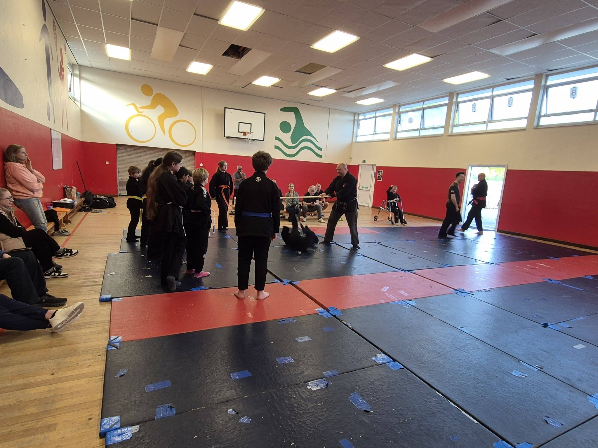 Students training together on the mats